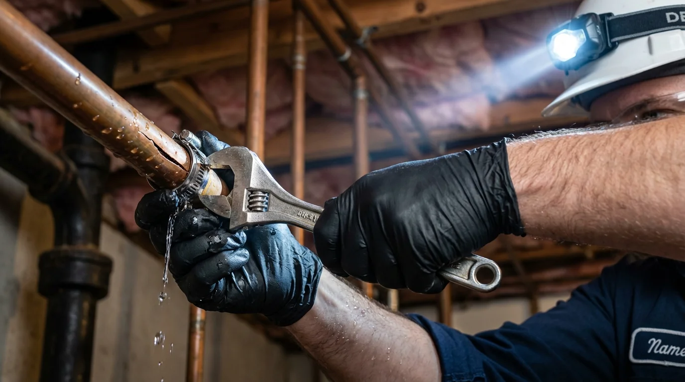 Emergency pipe clamp repair being performed by a Johns Plumbing LLC plumber in North Salt Lake
