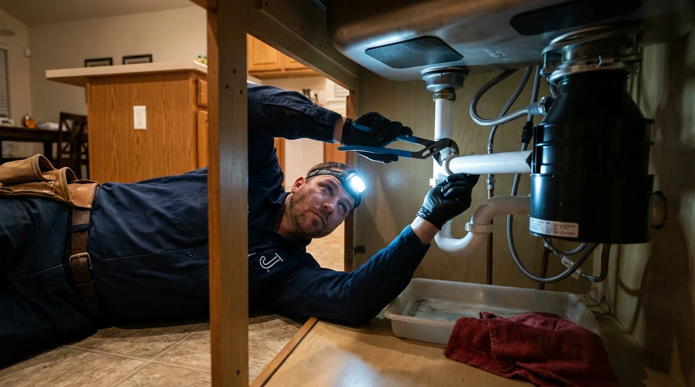 P-trap and supply line connections under a kitchen sink showing a common leak point in North Salt Lake, UT